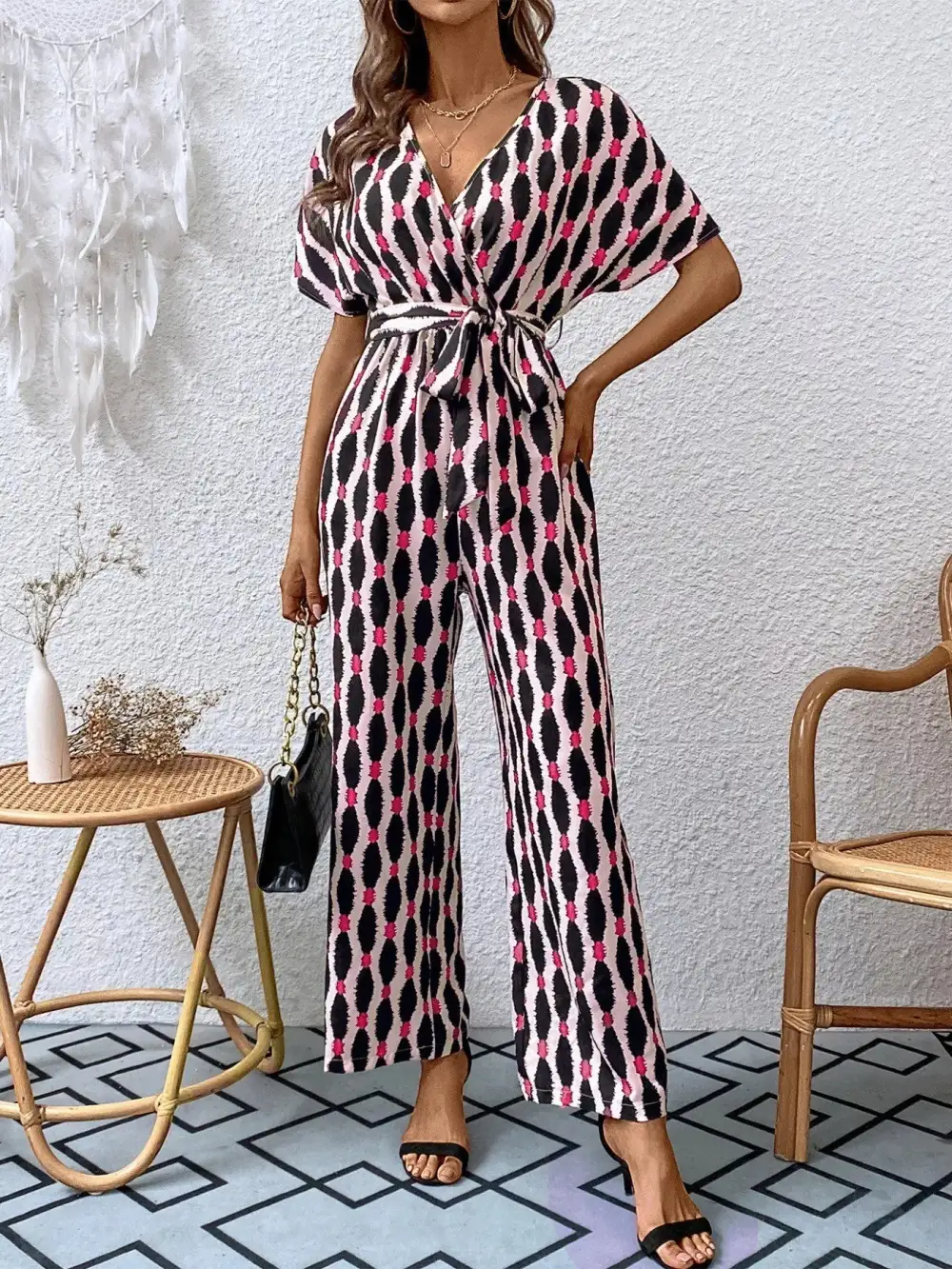 Printed Surplice Tie Waist Short Sleeve Shorts