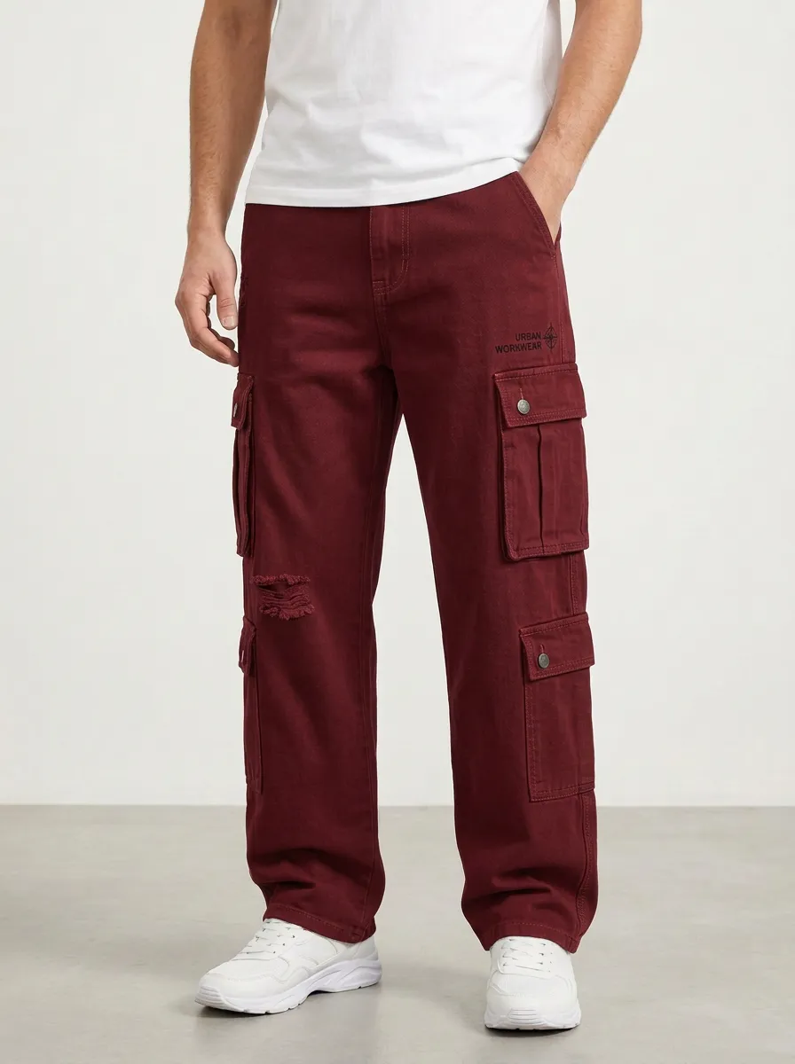 Men's Urban Workwear Distressed Denim Printed Cargo Jeans