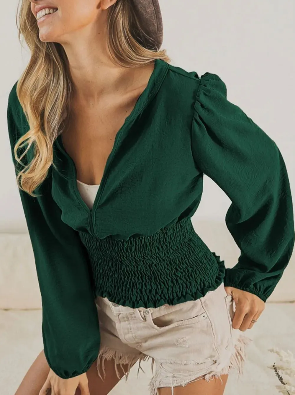 Smocked-Waist Deep-V-Neck V-Neck Puff-Sleeve Fashion Top