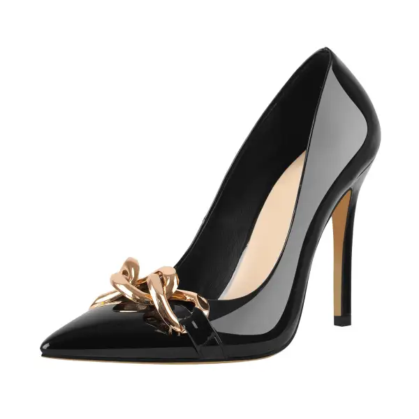 Modern Patent Finish Pointed Toe Stiletto Chain Accent Pumps