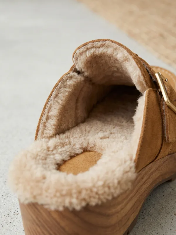 Women's Outdoor Faux Fur Lined Buckle Detail Clog Style Suede Wood Sole Loafers