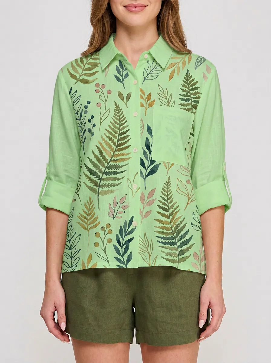 Women's Botanical Nature-Inspired Fern Leaf Printed Button-Up Shirt