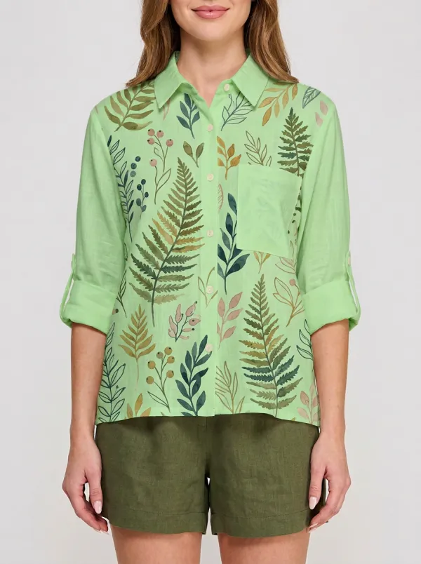 Women's Botanical Nature-Inspired Fern Leaf Printed Button-Up Shirt