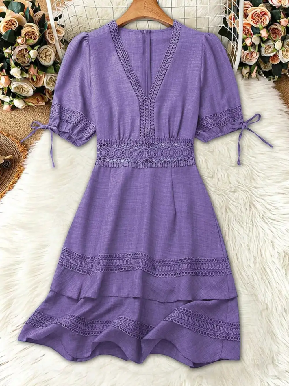 Modern Everyday Lace Detail V-Neck Mini Dress
