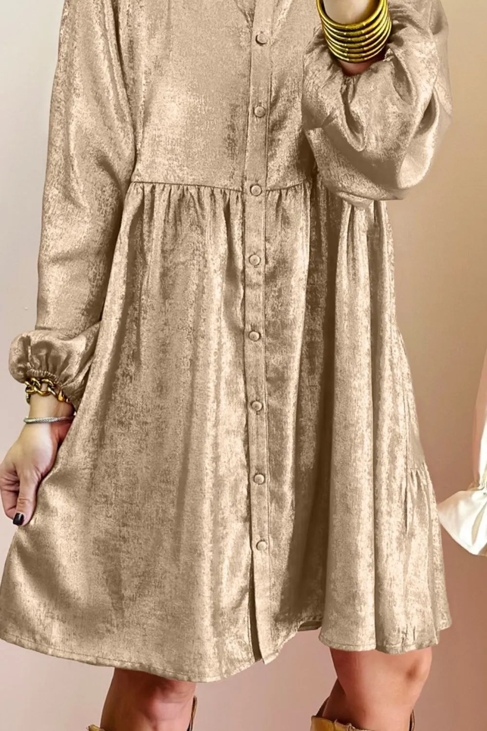 Button Front Balloon Sleeve Mini Dress