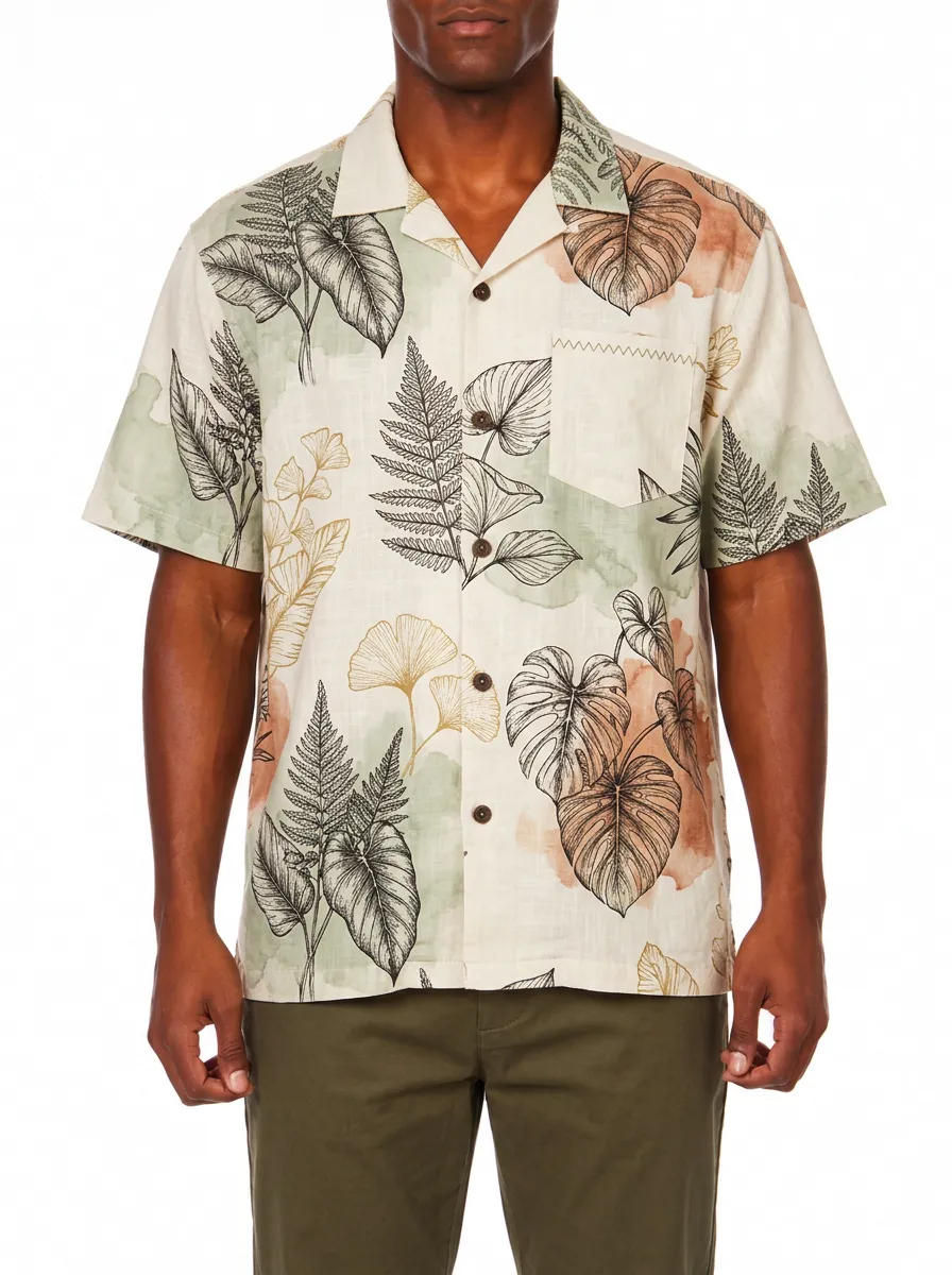 Men's Botanical Print Camp Collar Shirt