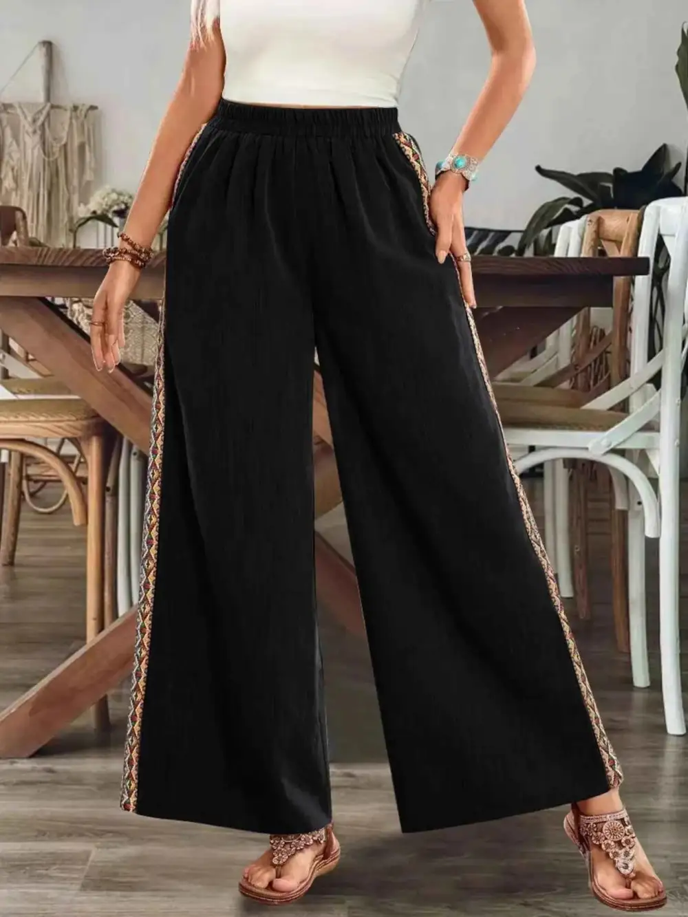Bohemian Wide-Leg Embroidered Side Stripe Pants