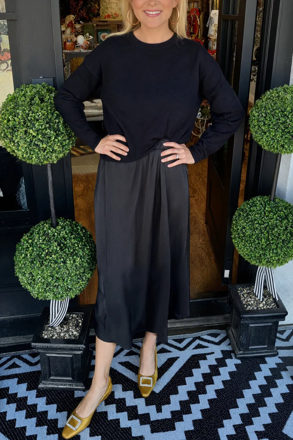 Fashion Knit Ruched Sweater And Satin Midi Dress