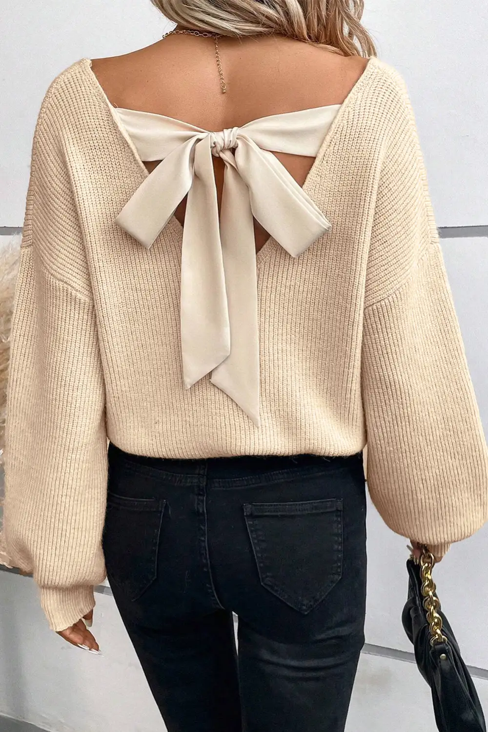 Lantern Sleeve V Neck Knot Detail Sweater
