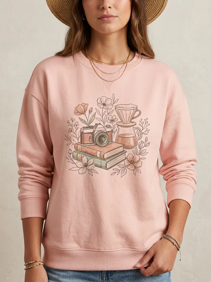 Women's Camera Coffee Book Floral Graphic Sweatshirt