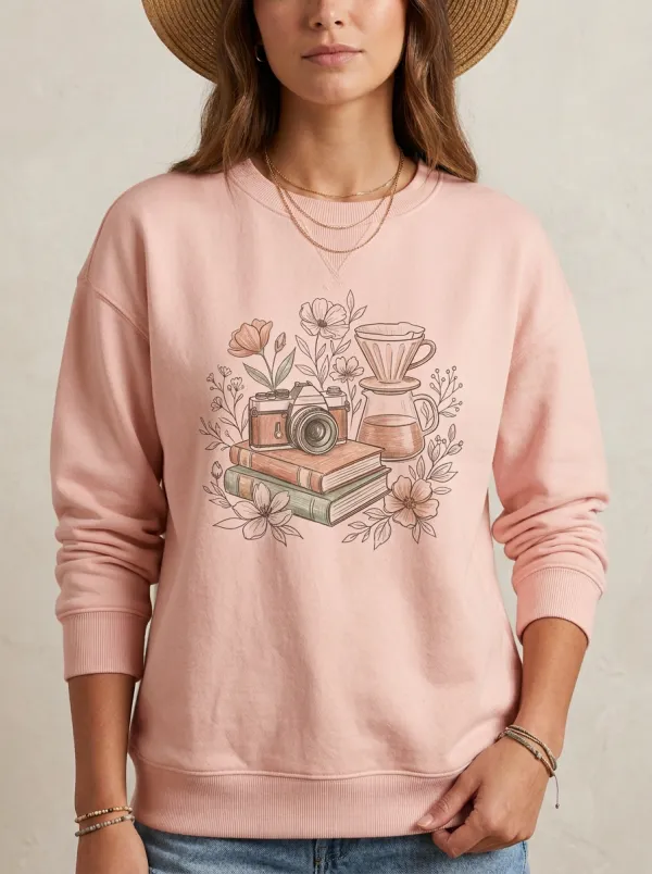Women's Camera Coffee Book Floral Graphic Sweatshirt