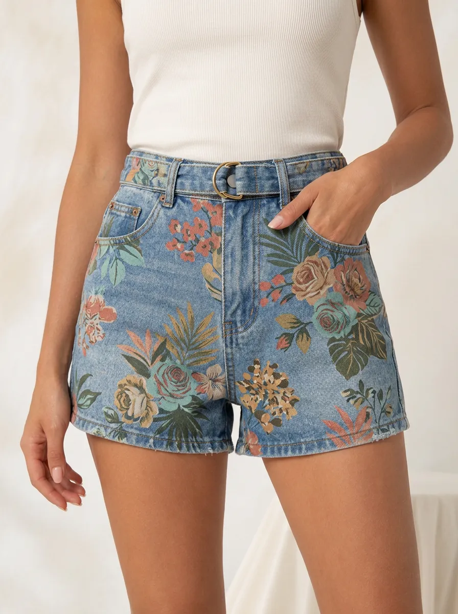 Women's Vintage Floral Denim Printed Shorts