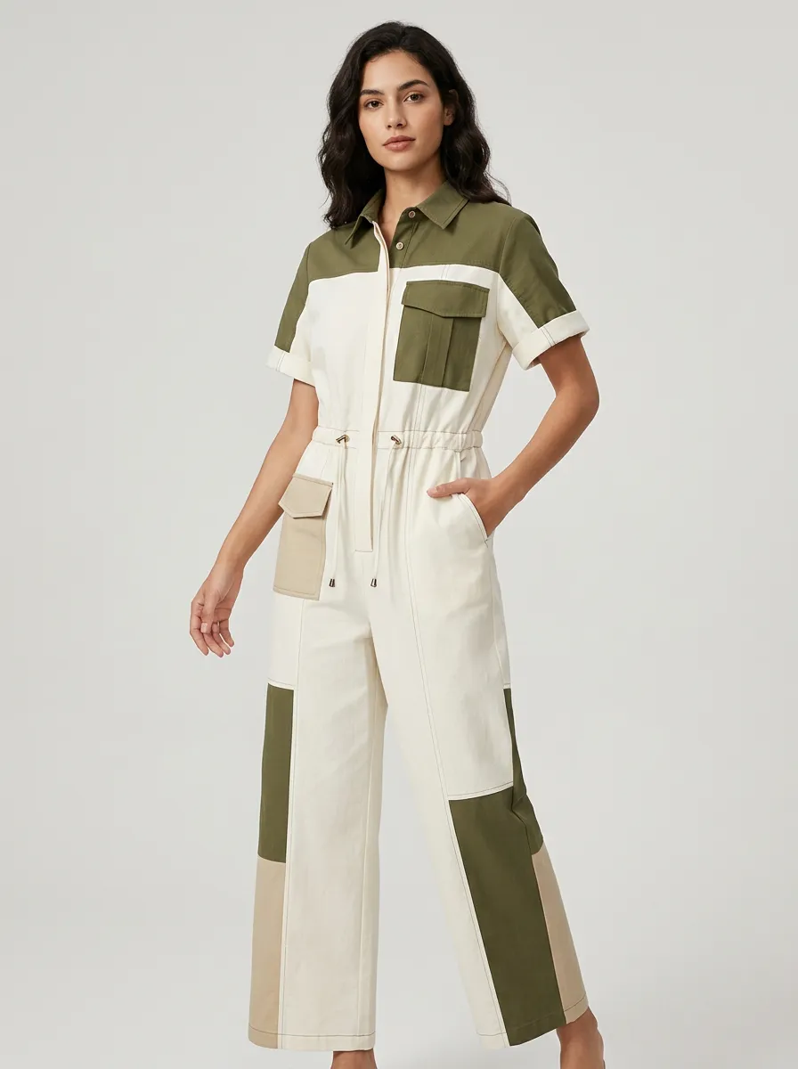 Women's Utility Olive Green Patchwork Colorblock Jumpsuit