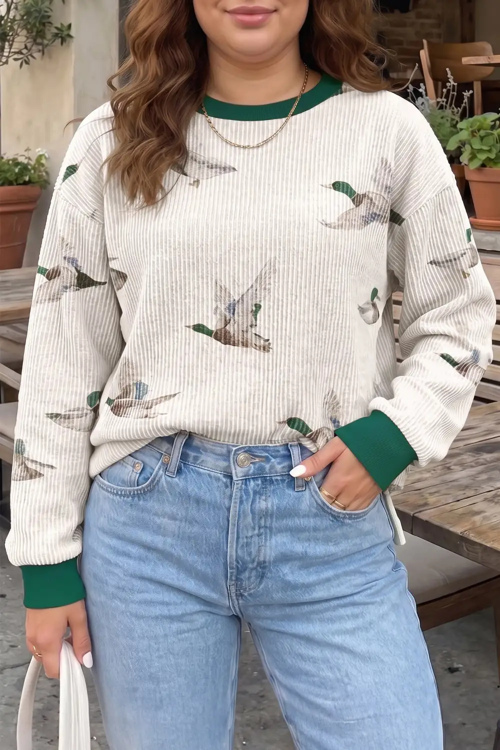 Western Print Ribbed Relaxed Stretch Fabric Long Sleeve Top