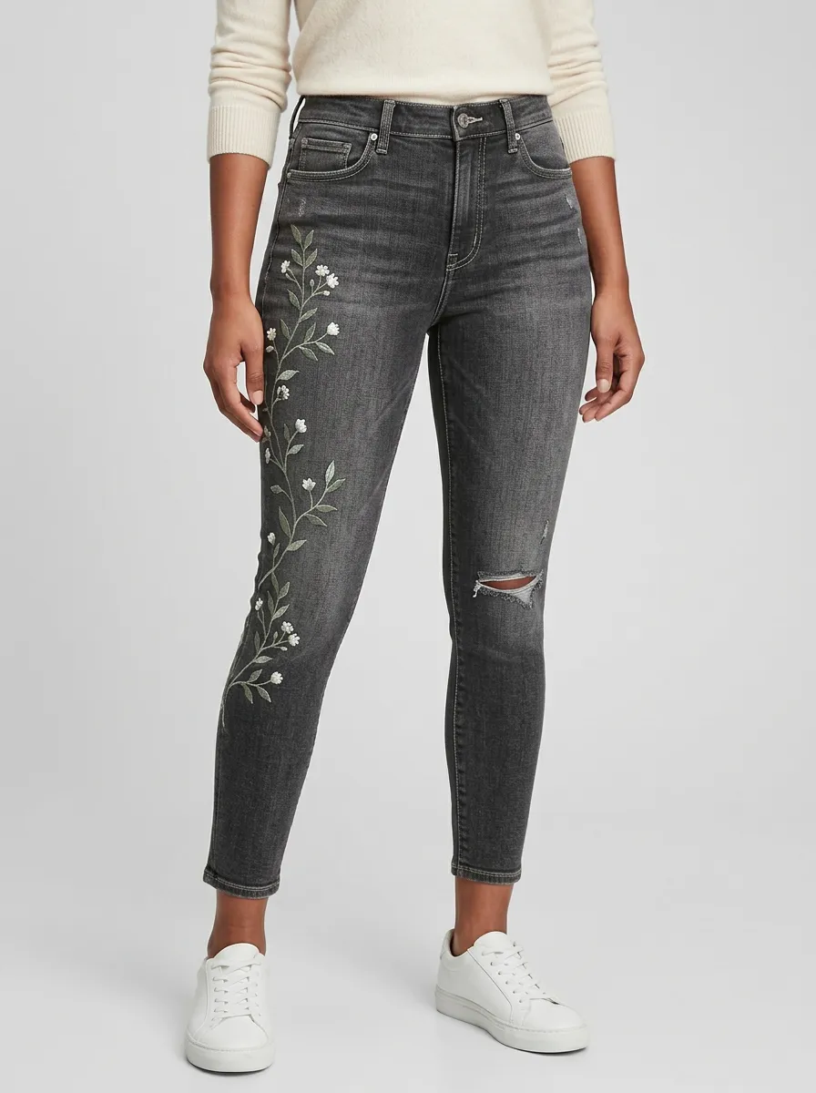 Women's Floral Nature White Flower Embroidered Printed Slim Jeans