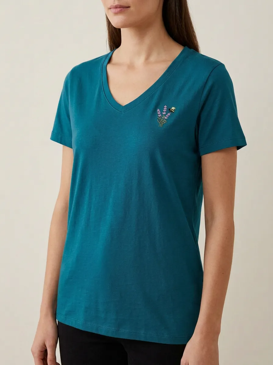 Women's Lavender & Bee Embroidered V-Neck T-Shirt