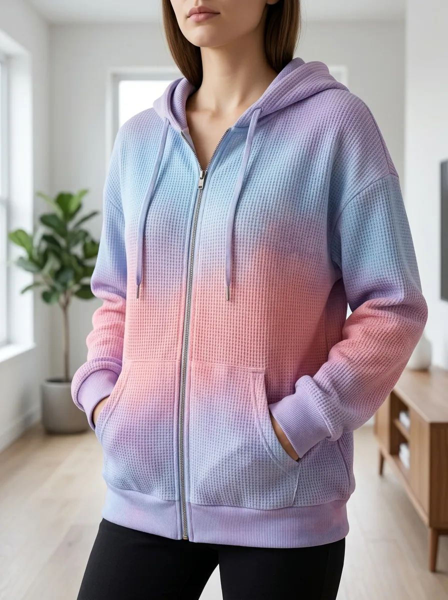 Women's Pastel Ombre Signature Motif Waffle Zip-Up Hoodie