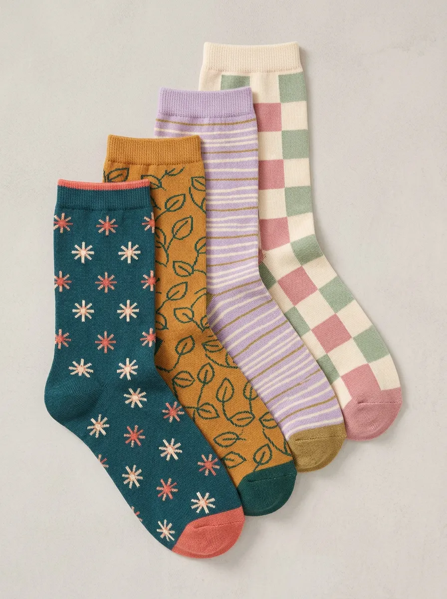 Checkerboard Floral Leaf Striped Four-Pair Casual Socks