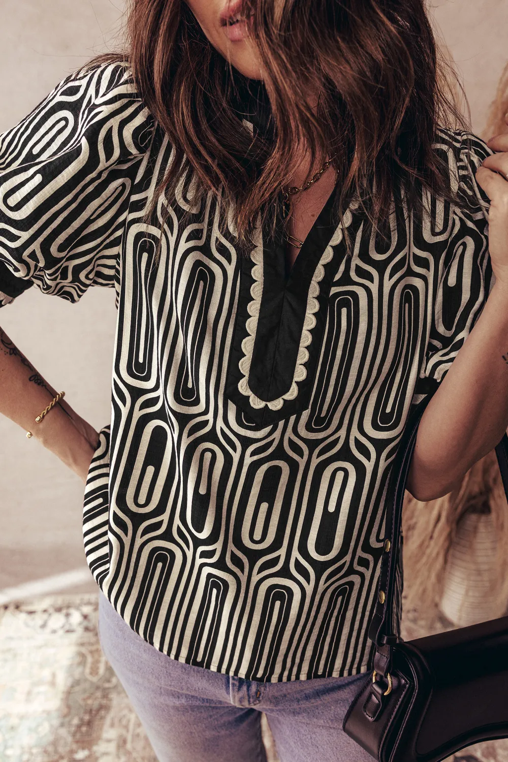 Black Geometric Print Contrast Scallop Blouse
