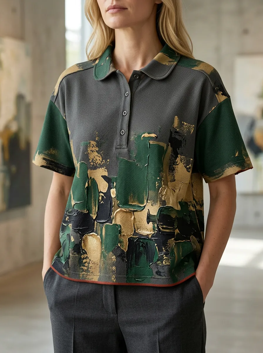 Women's Abstract Oil Painting Green Gold Printed Polo Shirt