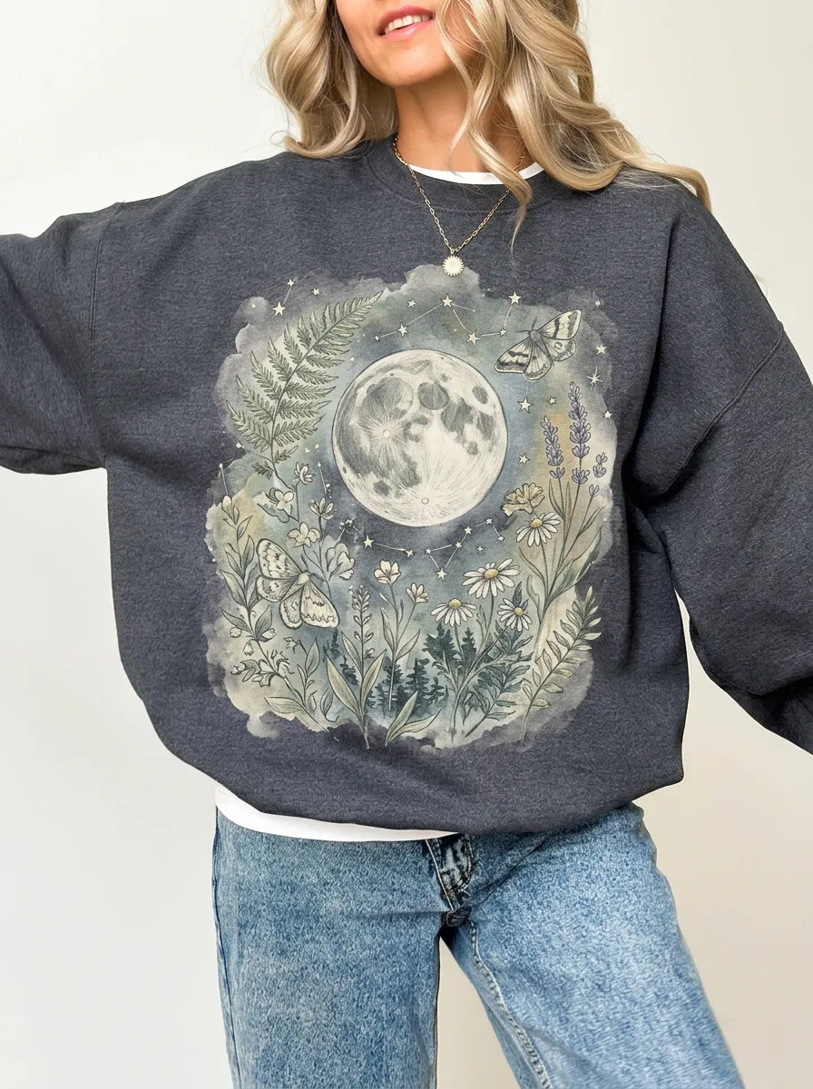 Women's Celestial Nature Moon Moth Floral Graphic Sweatshirt