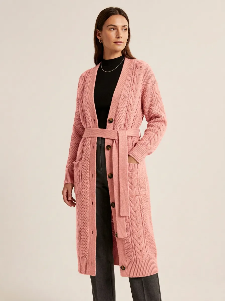 Women's Modern Cable Knit Belted Knit Cardigan
