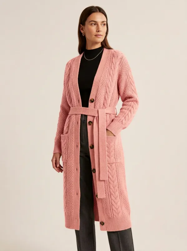 Women's Modern Cable Knit Belted Knit Cardigan