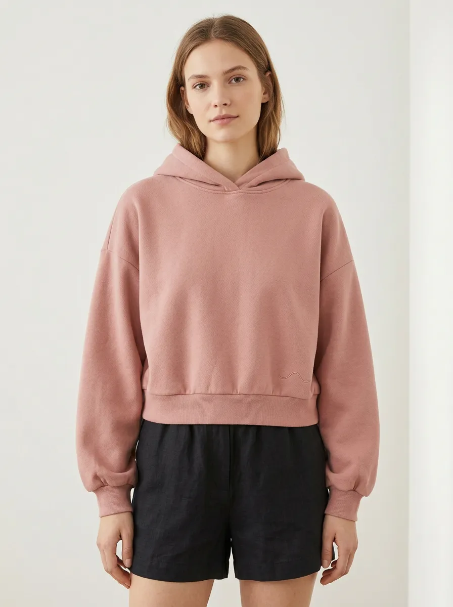 Women's Minimalist Dusty Pink Solid Color Embroidered Hoodie