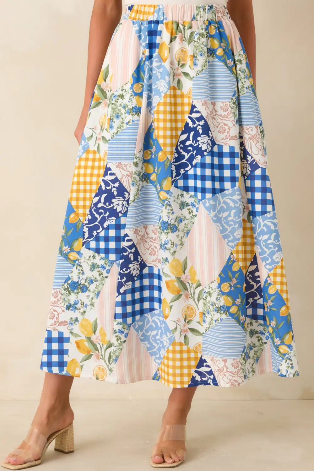 Multicolor Patchwork Print Midi Skirt