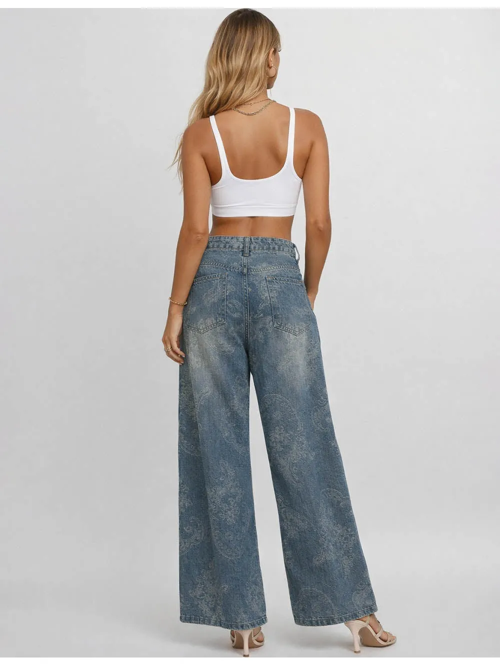 Jacquard Pockets Jeans Wide Leg Denim Pants