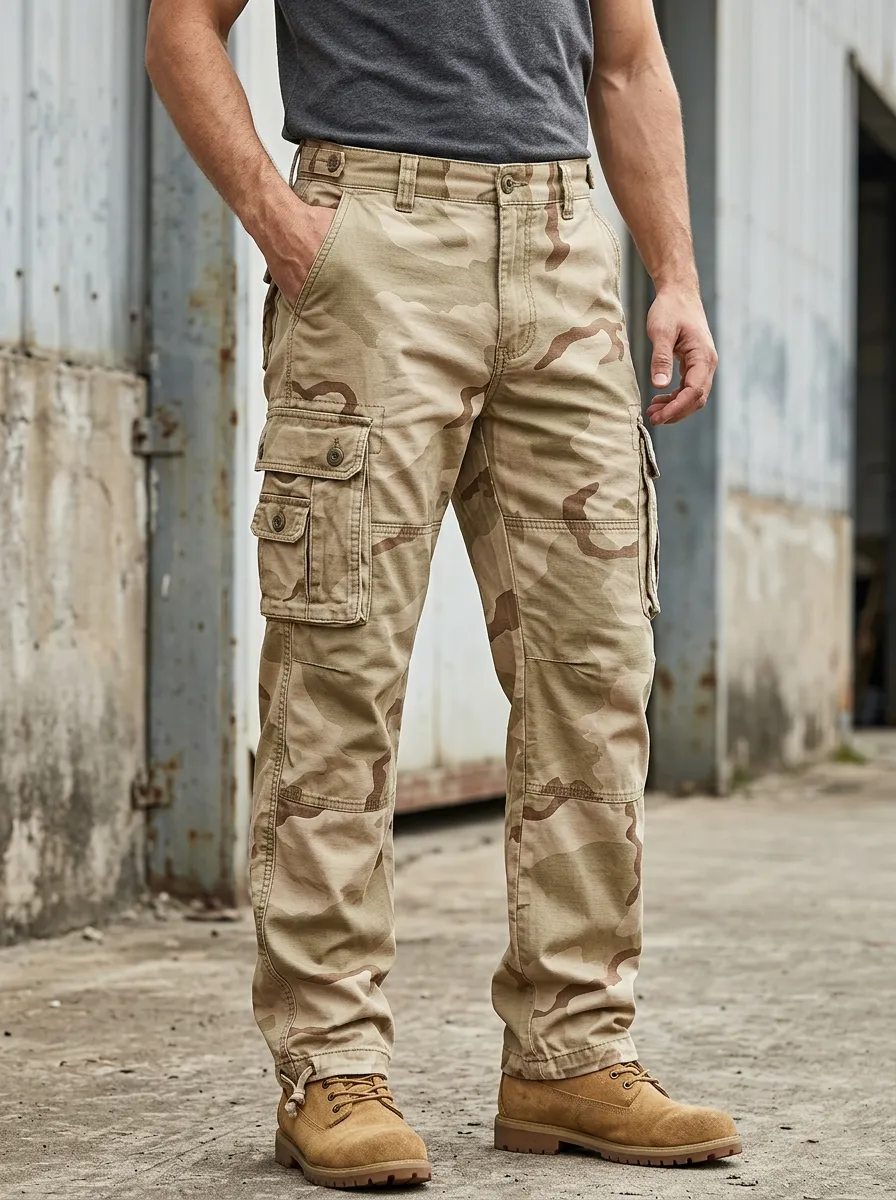 Men's Tactical Desert Camo Button-Flap Pocket Drawstring Hem Cargo Pants