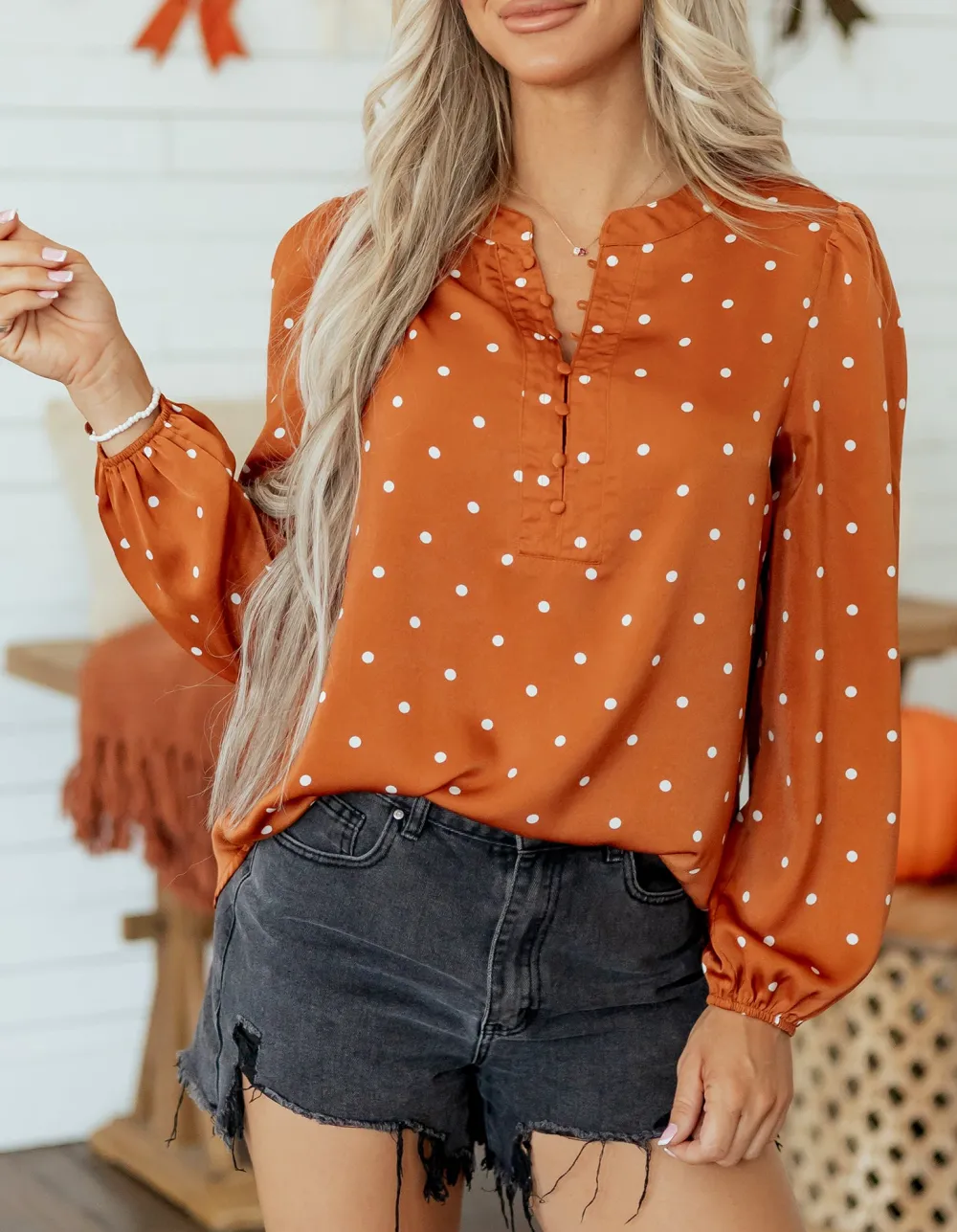 Women's Polka Dot V Neck Long Sleeve Top