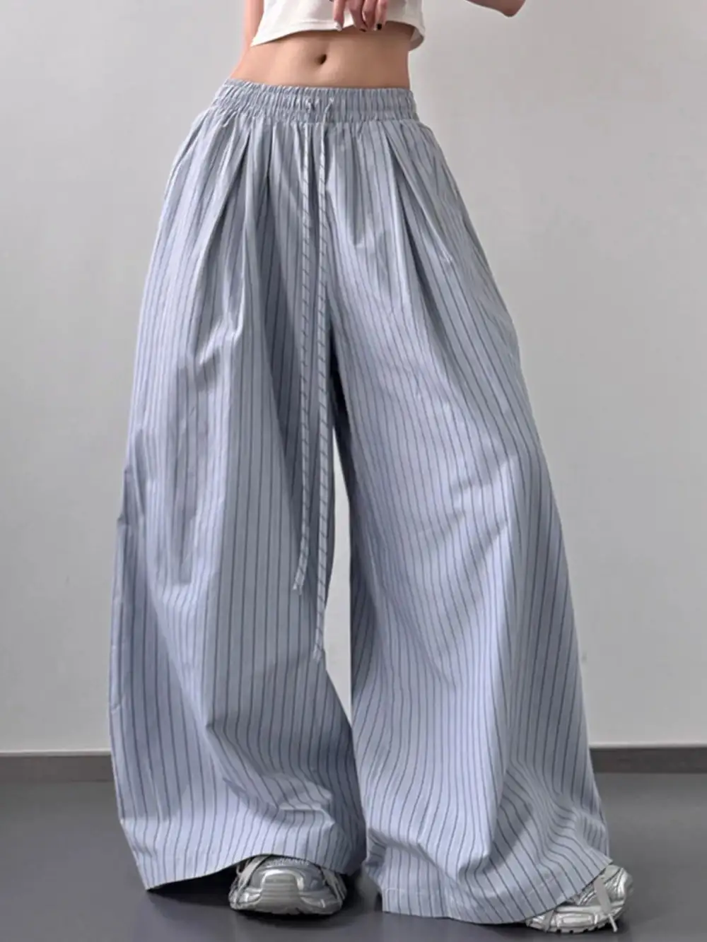Textured Striped Wide Leg Drawstring Pants