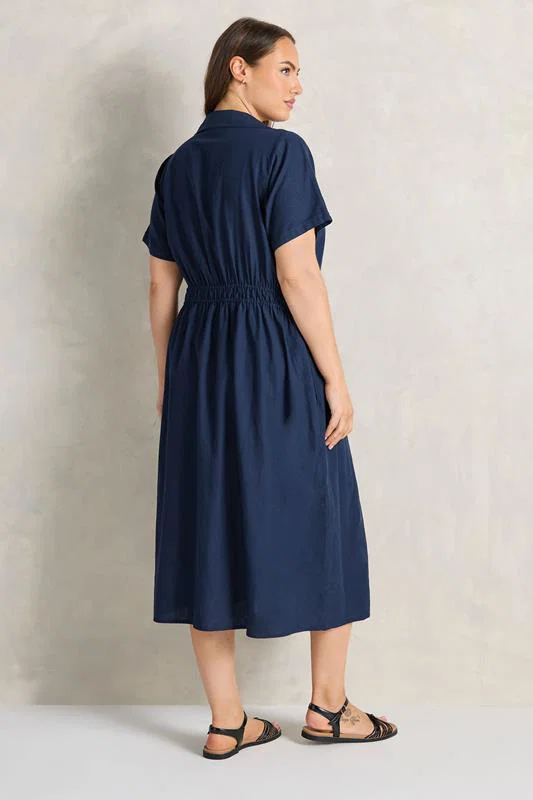 Navy Blue Linen Shirred Waist Midi Dress detail 2