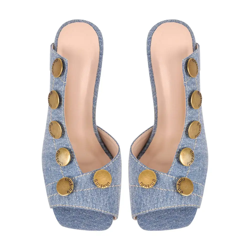 Square Toe Multi-Buckle Stiletto Denim Sandals