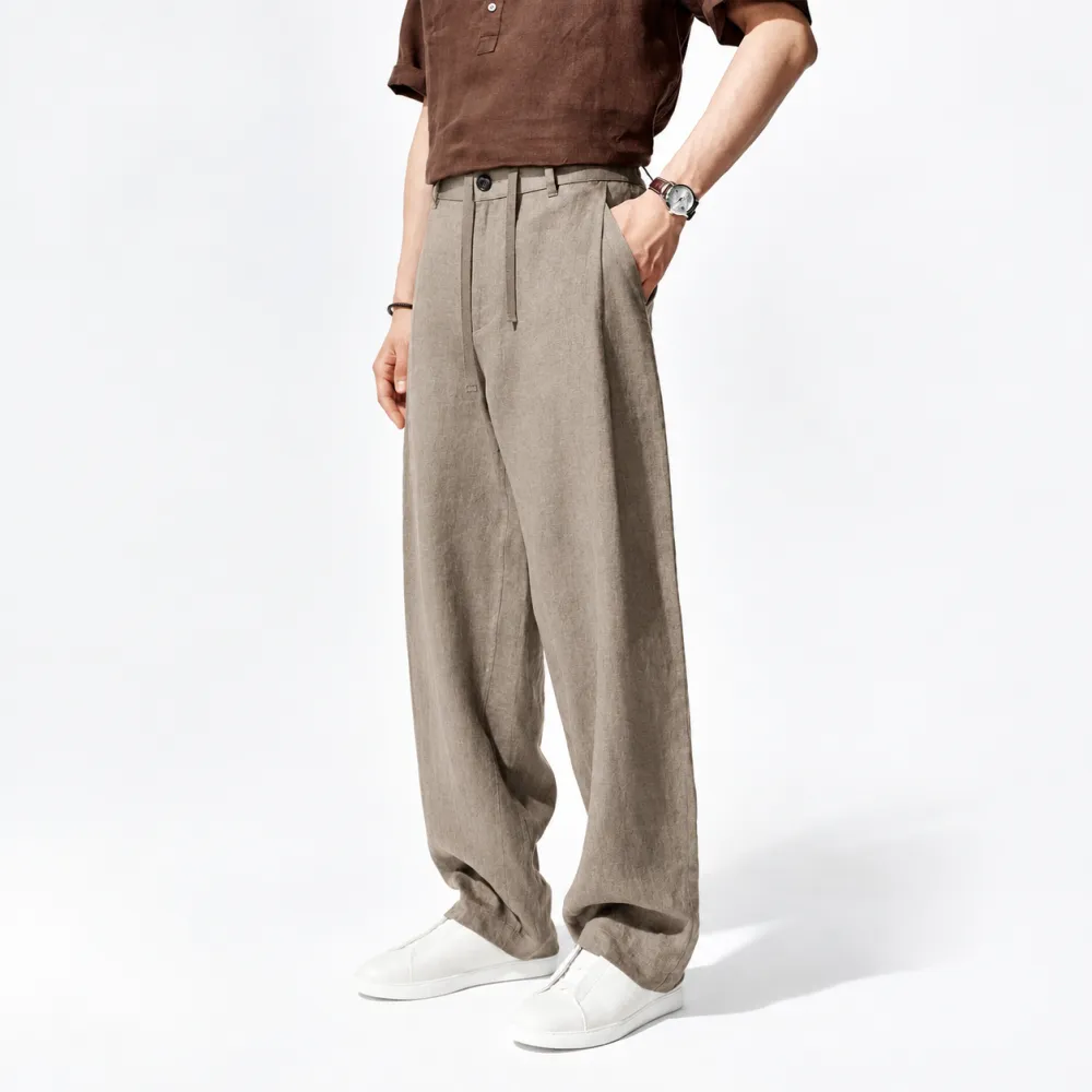 Men's Heavyweight Pure Linen Straight-Leg Casual Trousers – 