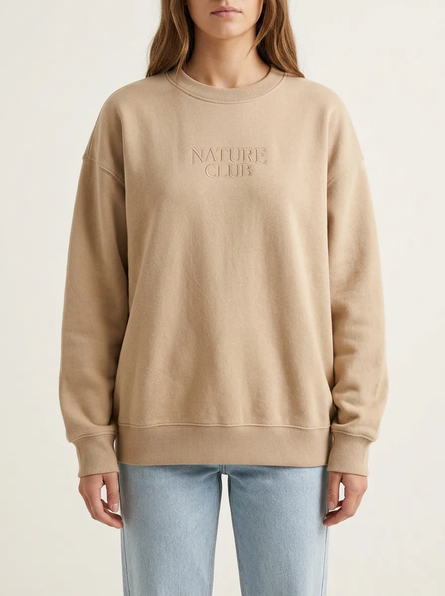 Women's Nature Lover Nature Club Embroidered Beige Sweatshirt