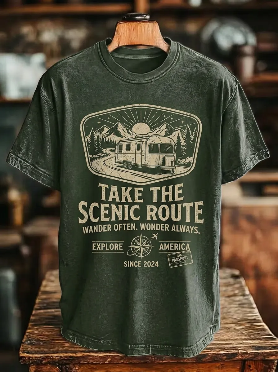 Unisex Camping Lover Scenic Route Camper Van Printed T-shirt