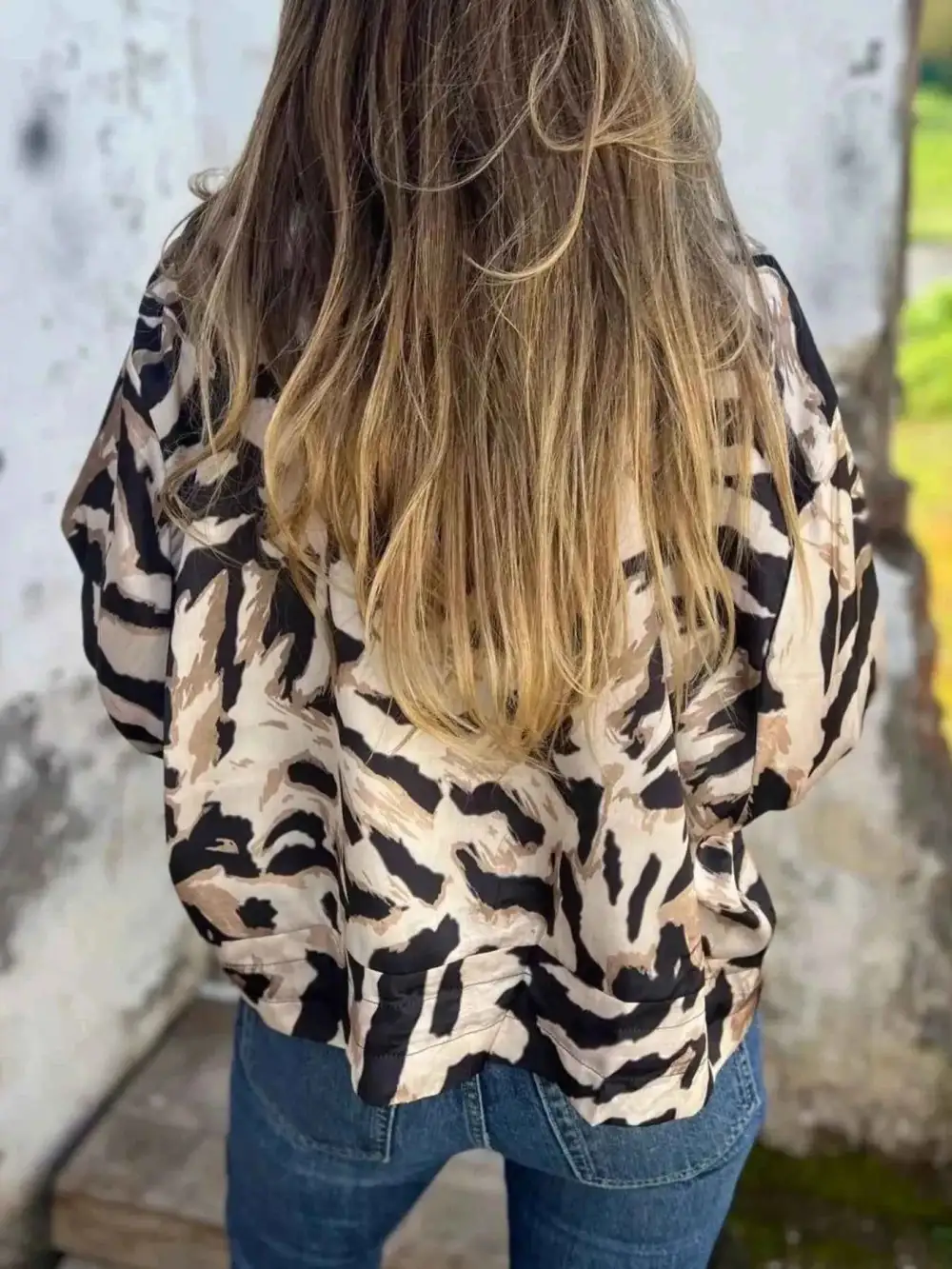 Plus Size Zip-Up Zebra Printed Bomber Jacket