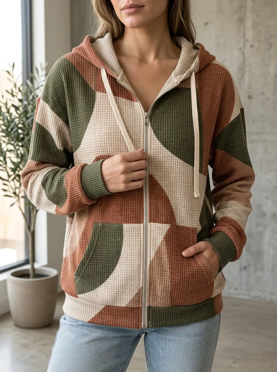 Women's Geometric Colorblock Signature Graphic Waffle Zip-Up Hoodie