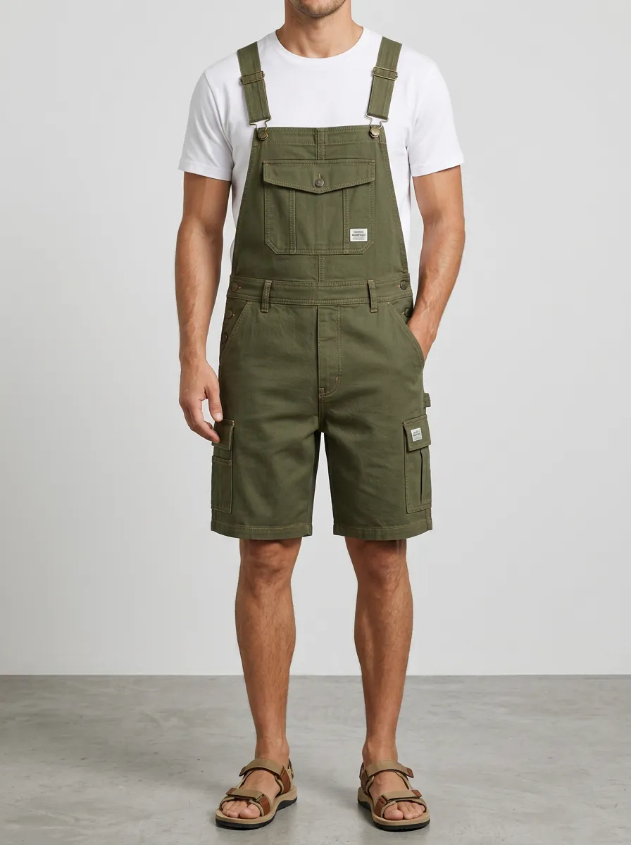Men's Olive Green Cargo Bib Overall Shorts