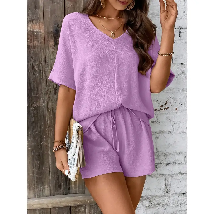 Relaxed Fit V Neck Top and Shorts Two Piece Set