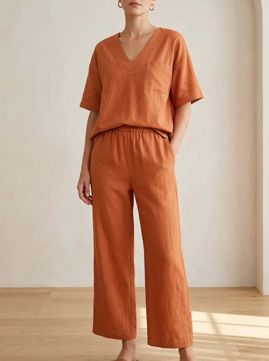 Textured V Neck Coordinated Set