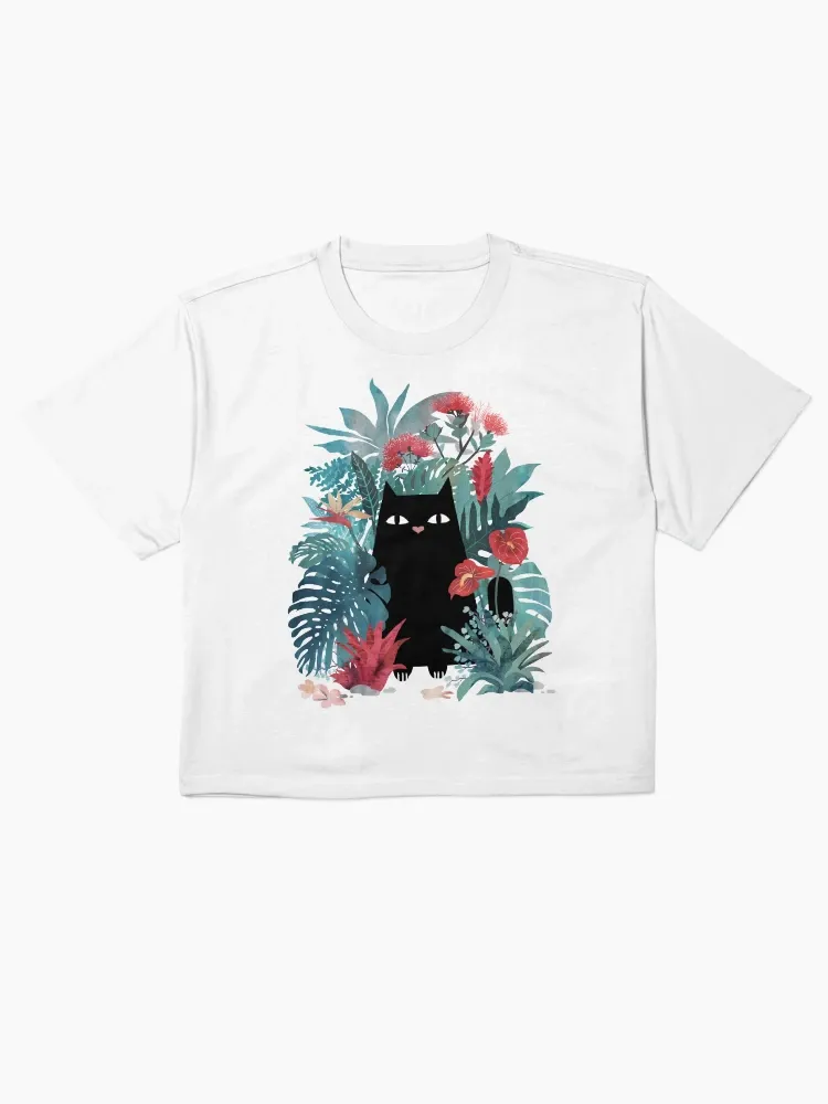 Lady fashionable tropical cat flower print short-sleeved round-neck T-shirt