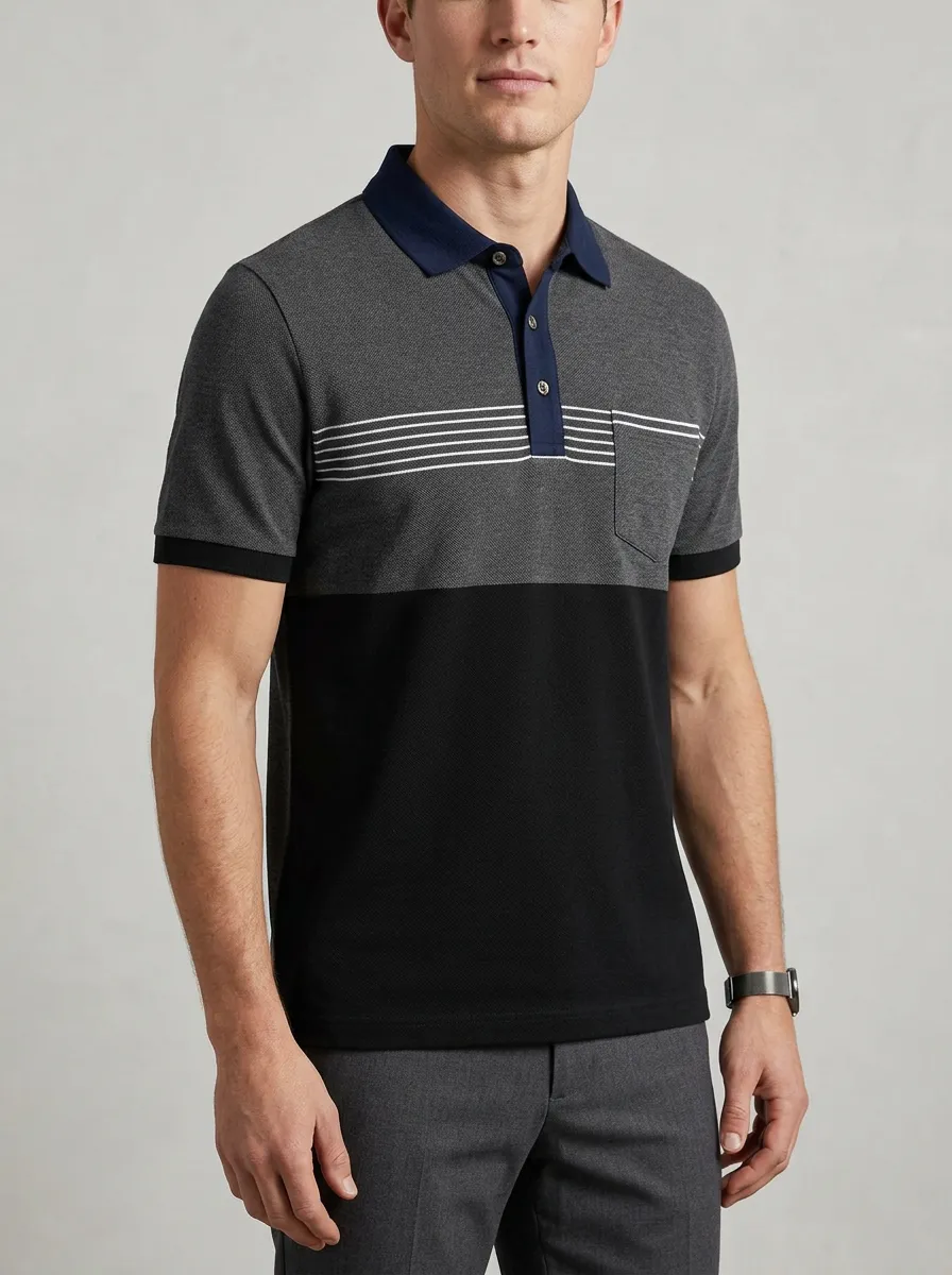 Men's Minimal Colorblock Striped Pocket Polo Shirt