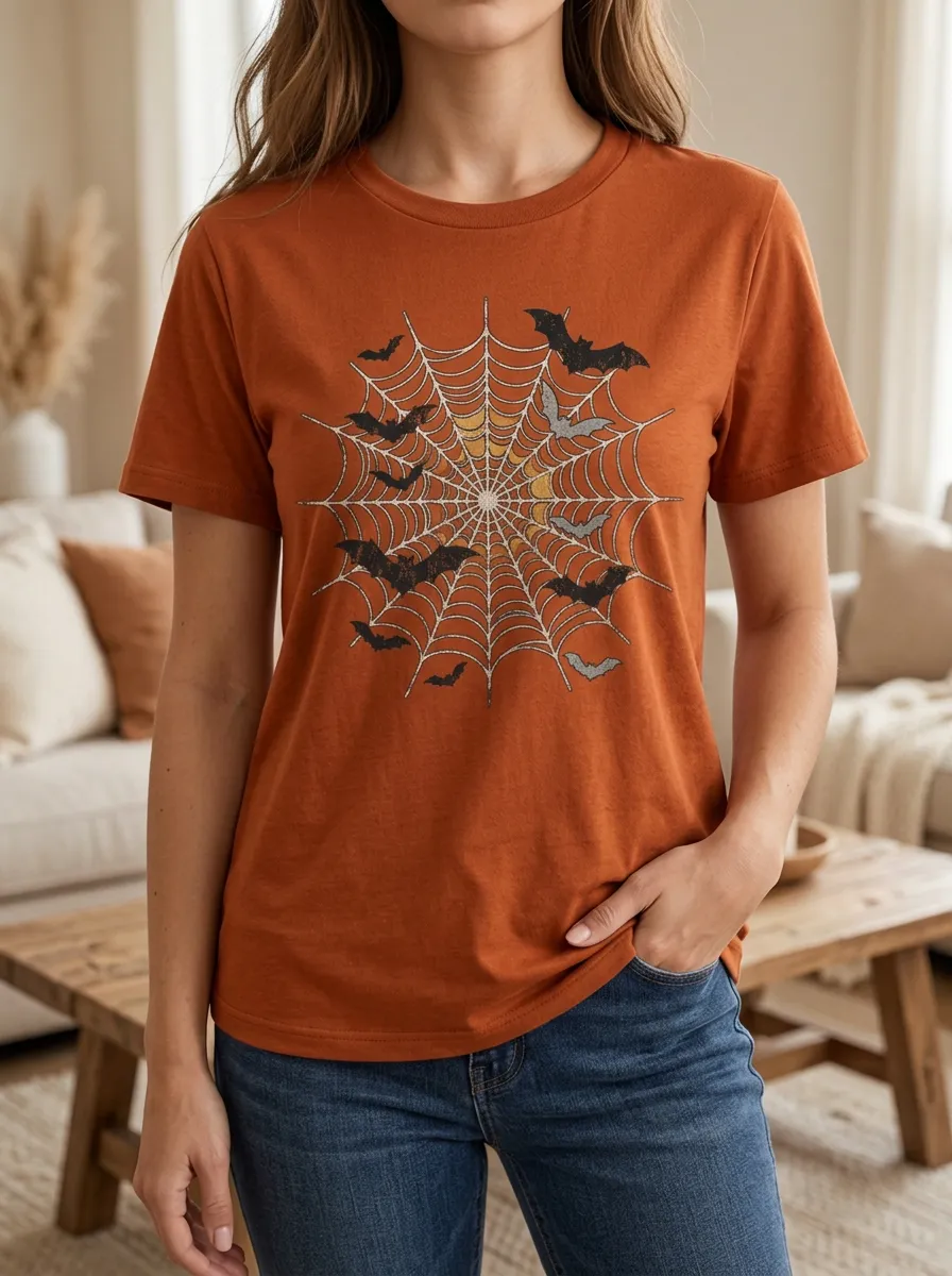 Women's Halloween Spider Web Bat Printed T-shirt