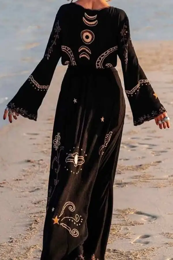 Black Gold Embroidered Tassel Maxi Dress