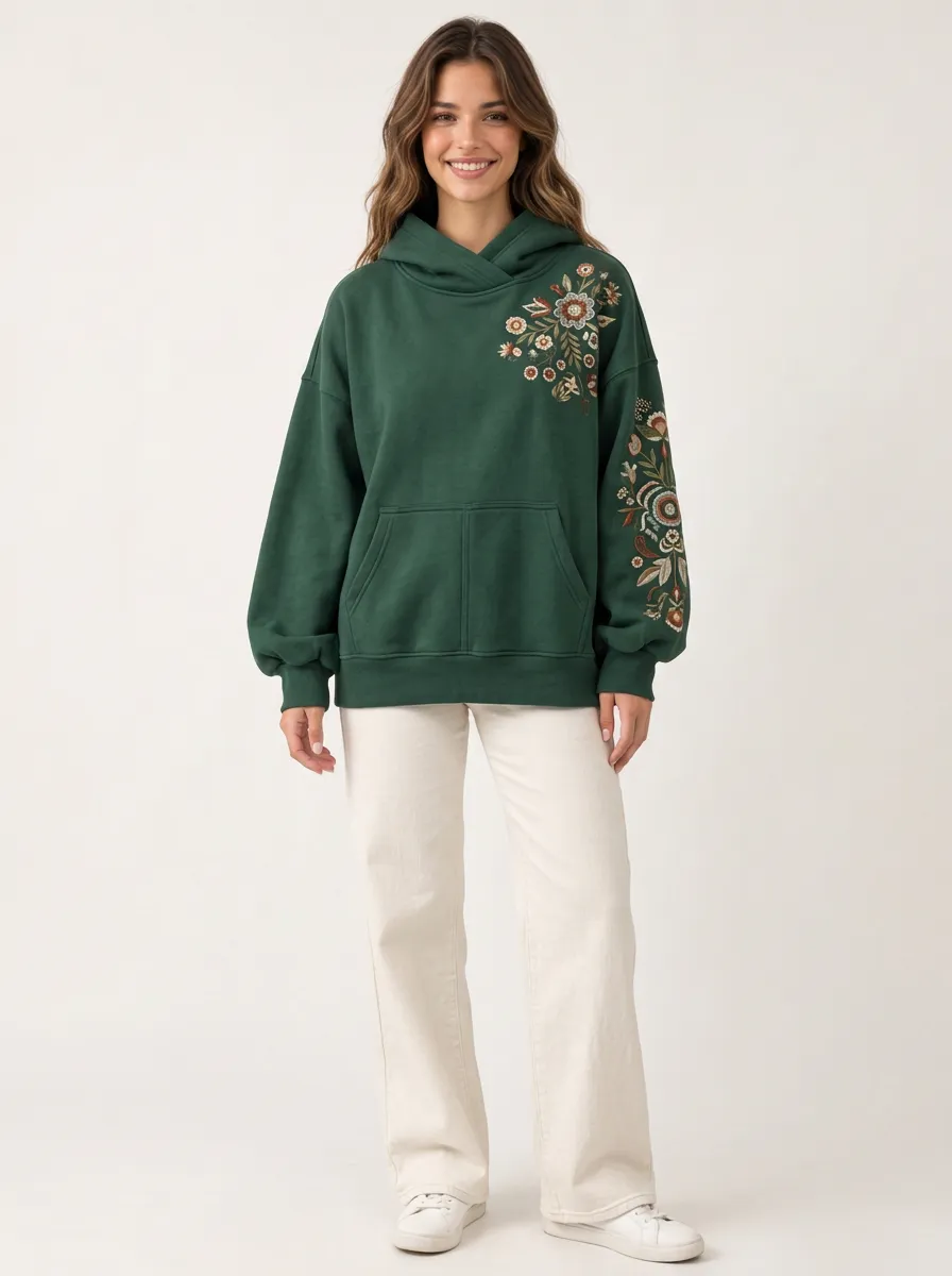 Women's Graphic Detail Floral Boho Embroidered Graphic Hoodie