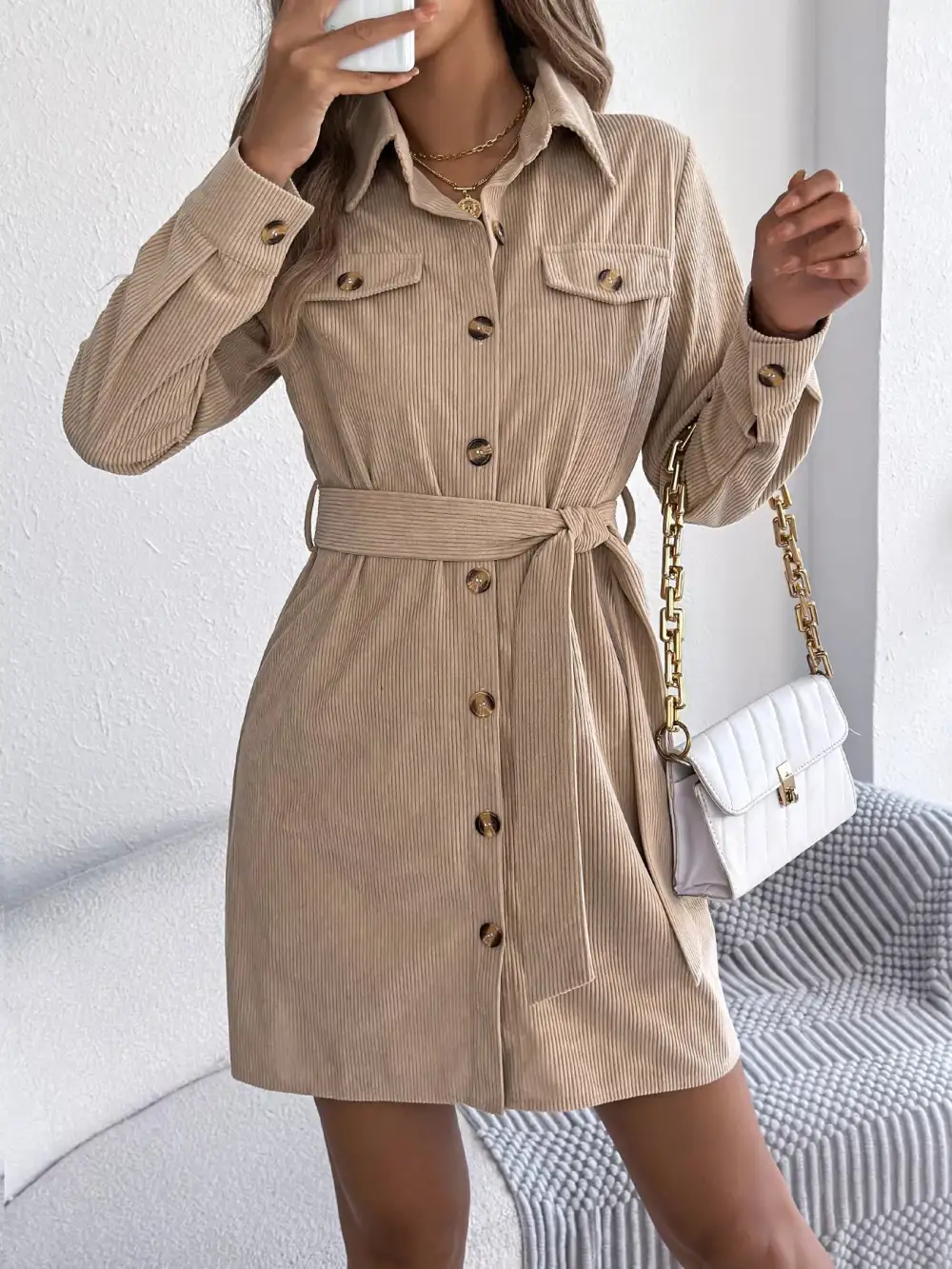 Structured Shape Corduroy Button Front Shirt Dress
