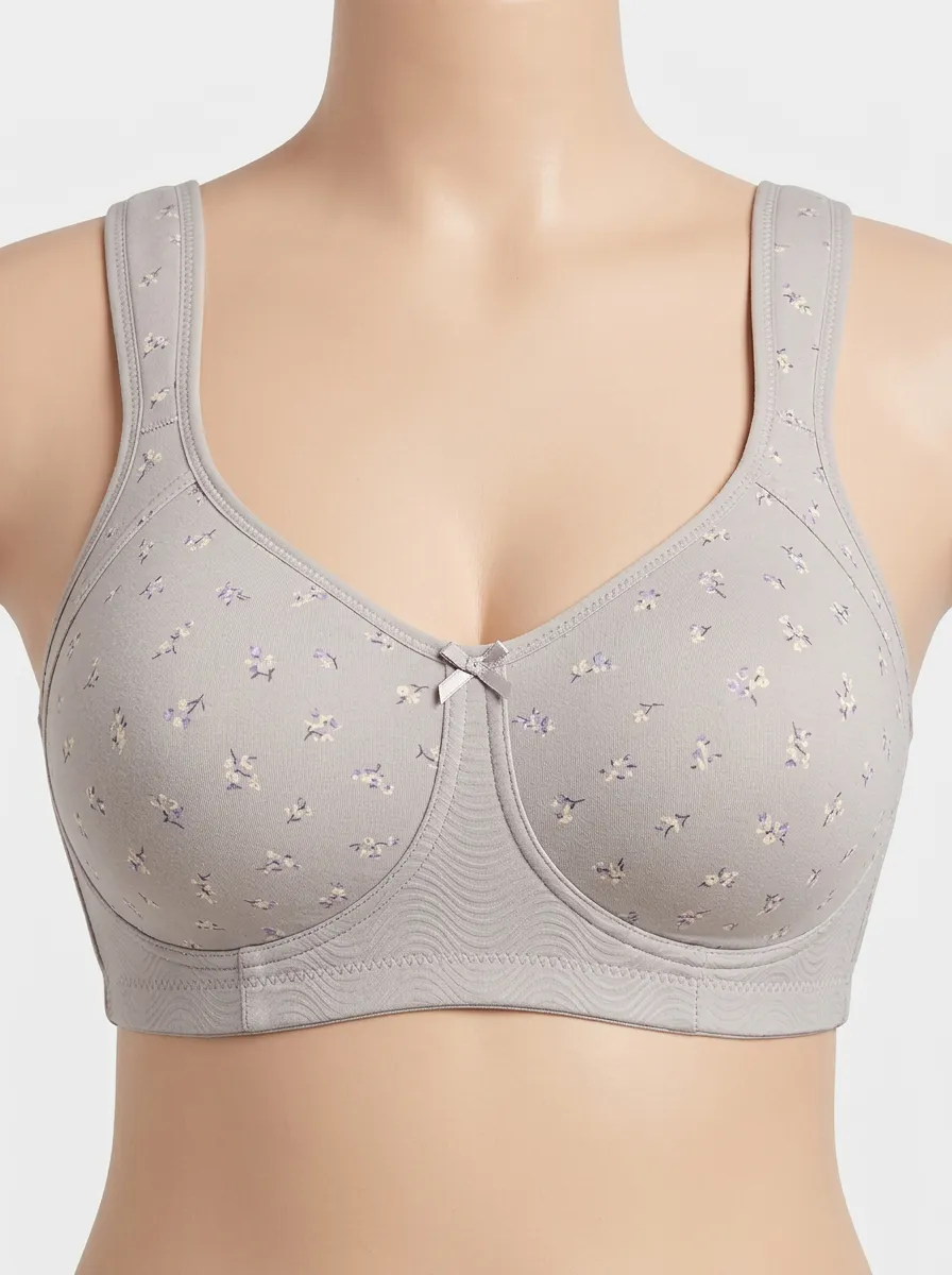 Women's Plus Size Grey Floral Full-Coverage Wide-Strap Wireless Bra